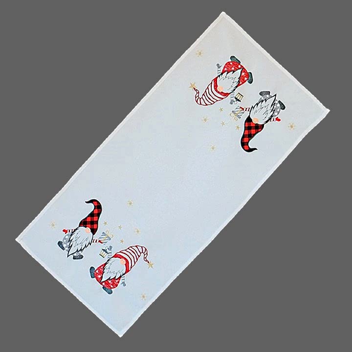 Table Runner Table Cushion Cover Christmas Wool White Embroidered with Two Gnome Men in Red (40 x 140 cm)