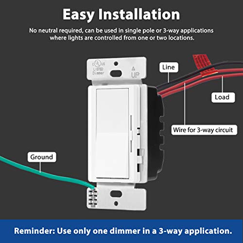 [10 Pack] BESTTEN Dimmer Light Switch, Single Pole or 3 Way, for