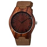 Zeiger Mens Wooden Bamboo Watch with Crazy Horse Leather Strap Quartz Analog Casual Vintage Watches Wood ( Wal Walnut)