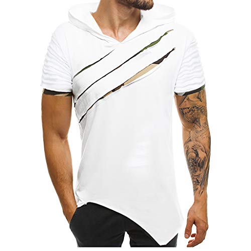Letdown_Men tops Hooded Shirts for Men Short Sleeve Scratch Zipper Pattern Casual Slim Fit T-Shirts Mens Fashion Summer Shirt White