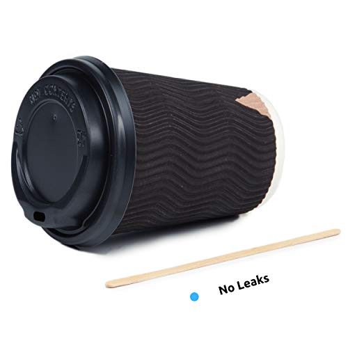 100 Schwarz Gewellt Pappebecher Coffee To Go 360 ml 12 Oz mit Deckel und Holz Rührstäbchen Zum Servieren von Kaffee, Tee, heiÃen und kalten Getränken – Bild 6