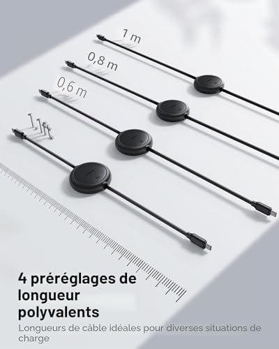 Câble USB C, 60 W PD 5 A QC 4.0, mini, de charge rapide, rétractable, USB C vers USB C, longueur préréglée à 4 niveaux, pour iPhone 15, Samsung, iPad, facile à ranger, portable