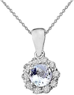 Dainty 14k White Gold Diamond Floral Center Stone Aquamarine Pendant Necklace, 22"
