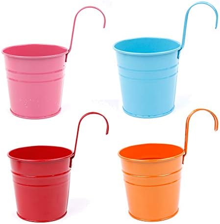 NUOMI 4 Pcs Indoor Outdoor Iron Hanging Flowers/Plants Pots, Metal Balcony Garden Fence Hanging Buckets Planters, Gardening Decor