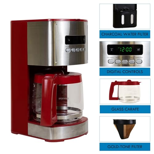 Kenmore Cafetera de goteo: máquina de café programable con olla de vidrio, preparación regular y audaz, depósito de agua grande con apagado automático, filtro reutilizable, electrodomésticos de cocina para cafetería barista, 12 tazas, color rojo