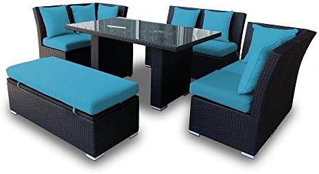 Jamaican Outdoor Wicker Patio Furniture Sofa and Dining Set Combination in Black Wicker with Blue Cushions