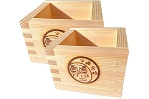 EDOYA Hinoki Wood Sake Cups (Set of 2) Japanese Box Masu with Japanese Lucky Brand (Winning Daruma)