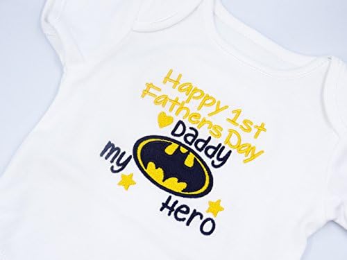 Embroidered Baby Toddler Short Sleeved Vest/Bodysuit - Happy 1ST Fathers Day Daddy - My Hero - Batman Motif Design - Boys or Girls Unisex - New Baby Shower Gift (9-12 Months)
