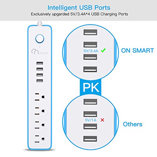 ONSMART USB Surge Protector Power Strip, 4 Multi Outlets with 4 USB Charging Ports, 3.4A Total Output-600J Surge Protector Power Bar, 6 ft Long UL Cord, Wall Mount-Blue