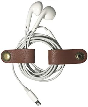 MUCHMO Earphone Organizer with Genuine Leather Handmake, Metal Button 2 pcs Wire Management Snap Desktop Cable Winder for Headset Headphone Wrap Holder