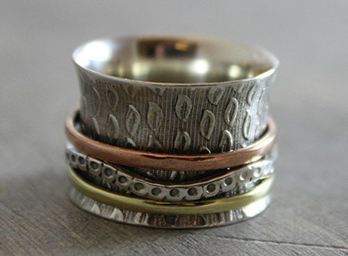Sterling Silver Mixed Metals Brass Copper Leaf Detailing Bohemian Spinning Fidget Ring, Size 8