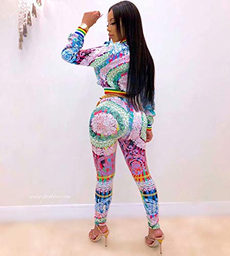 Floral Tracksuit Sets for Women Casual Rainbow Crop Jacket Bodycon Pants Joggers Sportwear Colorful XXL