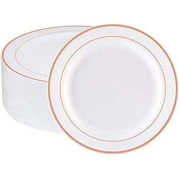 WDF 60pcs Disposable Plastic Plates-7.5inch Salad/Dessert Plates- Rose Gold Trim Real China Design - Premium Heavy Duty Plastic Plates for Wedding/Parties