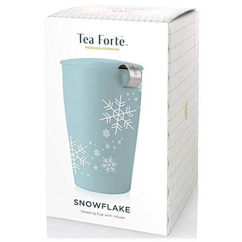 Tea Forté KATI Cup Ceramic Tea Brewing Cup with Infuser Basket and Lid for Steeping, Loose Leaf Tea Maker, Blue Snowflake