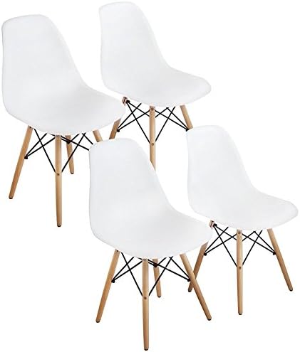 Mid Century Modern White Dining Room Chairs Set of 4 with Wooden Eiffel Style Legs, Eames Replica ABS Plastic, Armless Side DSW Lounge Chair, Easy-Clean Kid-Friendly Design by Product Authority