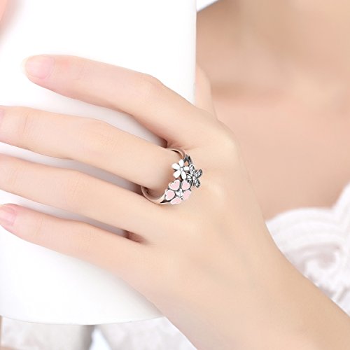 BAMOER 925 Sterling Silver Rings Pink White Enamel Cherry Blossom Flower Ring for Women Anniversary Ring Size 6 7 8 9