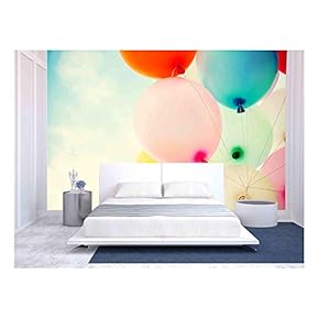 Vintage Heart Balloon with Colorful on Blue Sky Concept of Love in Summer and Valentine, Wedding Honeymoon - Removable Wall Mural | Self-Adhesive Large Wallpaper - 66x96 inches