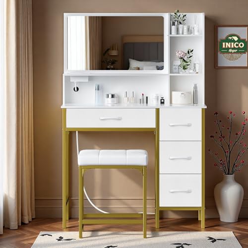 Tocador,Vanity tocador grande con 4 cajones en cuero blancos,Tocadors Vanity con Espejo , Con toma de corriente,con 1 cuero taburete tapizado, Ideal para Recámara, Sala de Estar, Vestidor 90x40x133CM