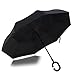 Strawberry Double Layer Wind/UV Proof Reverse Folding Inverted Travel Umbrella with C Shape Handle and Carrying Bag, Black