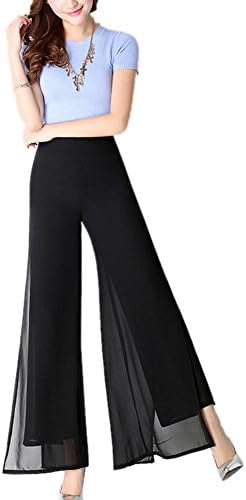 Youtobin Women's Chiffon Loose Split Long High Waist Wide Leg Pants 2XL Black