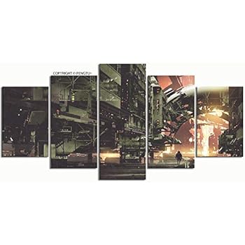 PENGTU Paintings Modern Canvas Painting Wall Art Pictures 5 Pieces SciFi Scenery Cyberpunk City Futuristic Buildings Wall Decor HD Printed Posters Frame