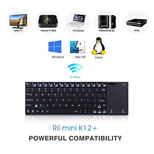 Rii K12+ Mini Wireless Keyboard with Large Touchpad Mouse&Qwerty Keypad, Stainless Steel Portable Wireless Keyboard with USB Receiver for MacBook/iPad/Tablet/PC/Laptop/Smart TV/Raspberry Pi - Black