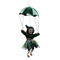 PICOOO Halloween Decorations Sound Activated Haunted Witch, 20.5 Inch Hanging Animated Wiggling Witch with a Parachute (Green)