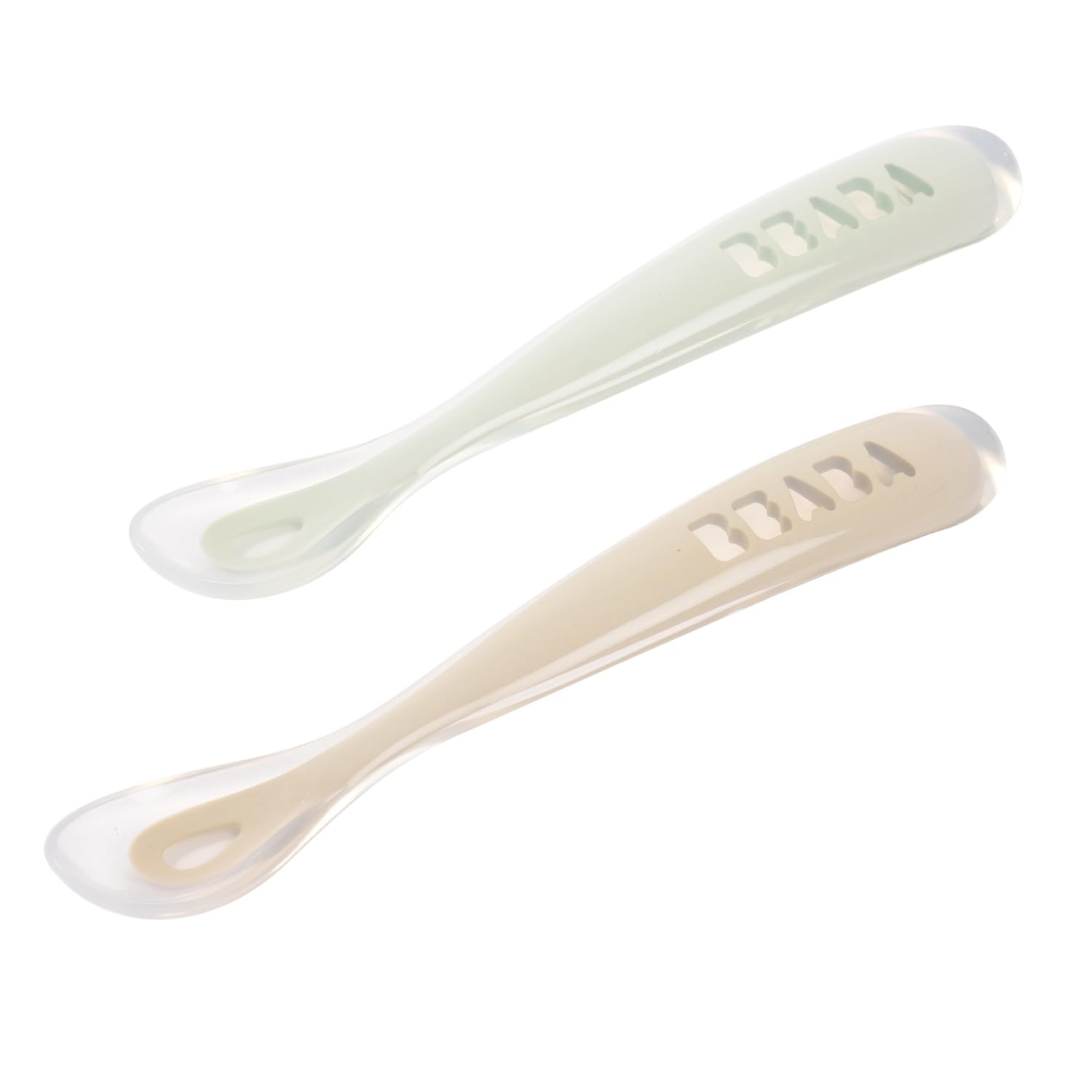 Béaba - Baby Spoons - Silicone Weaning Spoon - Set of 2-1st Stage - with Carrying case - Velvet Grey/sage Green