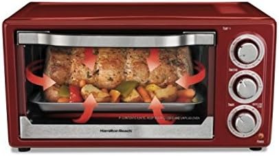 Toaster Oven Red Hamilton Beach 6 Slice Kitchen Cooking For Pizza Bread Chicken Sandwitch Hotdog Cookie Baking Broil Convection Cooks Faster 2 Rack Positions