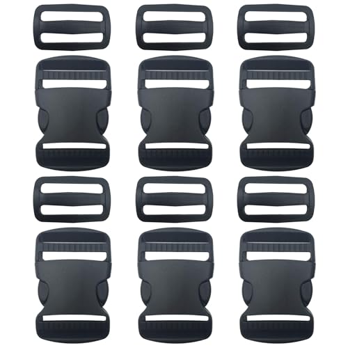 EesTeck 6 Set 1.5 Inch Flat Dual Adjustable Plastic Quick Side Release Plastic Buckles and Tri-glide Slides for Luggage Straps Pet Collar Backpack Repairing (Black, Fit For 1.5”/38mm Webbing Straps)