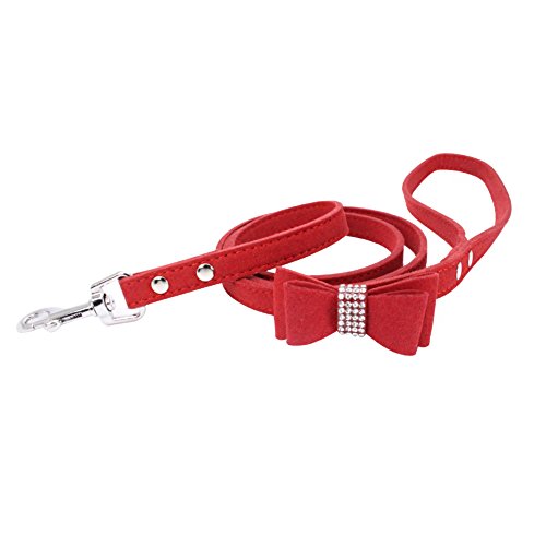 Sunward Dog Harness Leash Genuine Leather Soft Padded Pet Sparkly Rhinestone Vest for Puppy Cat (Leash(Red), 0.59-47.24")