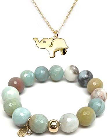 Set 12mm Green Amazonite Lauren 7" S. Bracelet 20mm Elephant CZ Charm 16" 14k Over Brass Neck