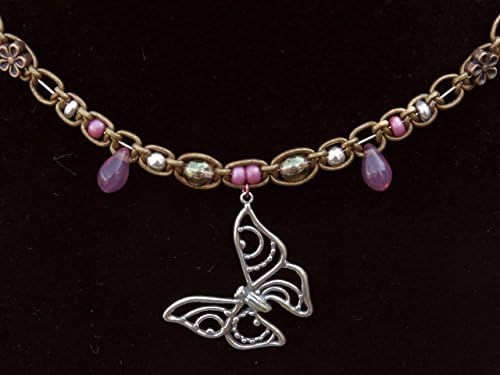 Silver art nouveau butterfly, pink Czech glass, copper flower, micro-macrame leather vintage style Bohemian Renaissance 15" CHOKER NECKLACE