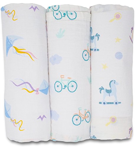 Muslin Swaddle Blankets for Baby Girls Boys and Infants, 100% Cotton, Soft and Comfortable Nursery Bed Blankets, Light and Breathable Burp Cloth, Kites Bicycles and Rocking Horses, 3 Pack 42x42 inches