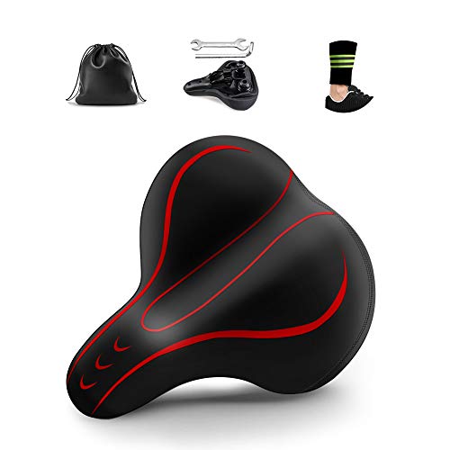KeShi Bike Seat, Comfortable Bike Seats for Men and Women – Universal Waterproof Bicycle Seat – Dual Shock Absorbing Memory Foam Bike Saddle – with Mounting Tools and Reflective Strap(Red)