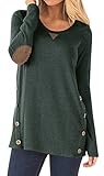 Spadehill Womens Casual Cotton Blouse Soild Color Round Neck Long Sleeve Tunic With Bottons Tops Forest Green M