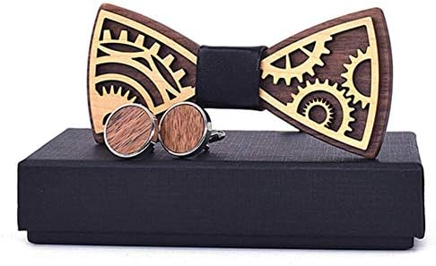 GESDY Mens Walnut Wood Gear Bowtie Cuff Links Set with Box Novelty Bow Tie for Wedding Business Accessory