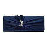 Damara Womens Pleated Satin Moon Shape Crystal Clutch Evening Bag