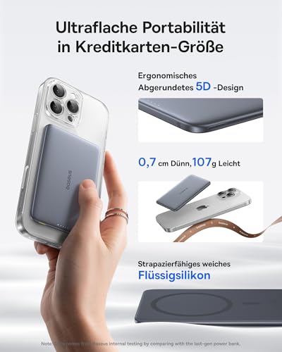 Picogo AM41 Power Bank, Ultra Slim 5000mAh Magsafe Powerbank, PD 20W Schnellladung, Portabel, Wireless Magnetische Externe Batterie mit USB C Kabel für iPhone 17/16/15/14/13/12, Space Grauer