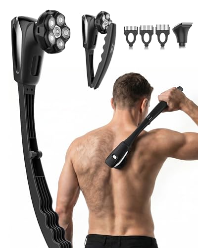 VIKICON Men's Back Razor: 2-in-1 Electric Body Razor with 6D Shaving Head, Folding Handle for Back Shaving, Waterproof Bodygroom for Body, Face, Head - Care Set for Men, Silver