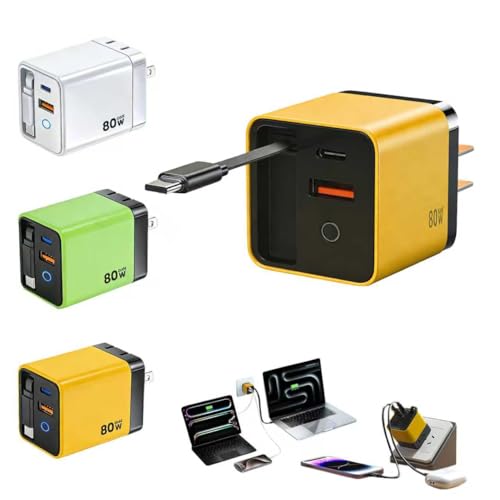 Retractable USB C Charger, Scalable 80 watt Phone Charger, Retractable Wall Charger, 3 in 1 Retractable Charger for iPhone 17 Pro Max/16/15, Galaxy S25, Pixel, Laptops (Yellow, 60)