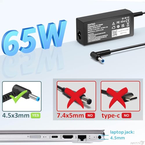 NATNO 65W 45W 19.5V AC Adapter Compatible with HP Laptop Charger Pavilion X360 11 13 15 Chromebook 11 14 G3 G4 Envy 13 15 17 Stream 11 13 14 Probook Elitebook Power Supply Cord (65W Blue Tip)