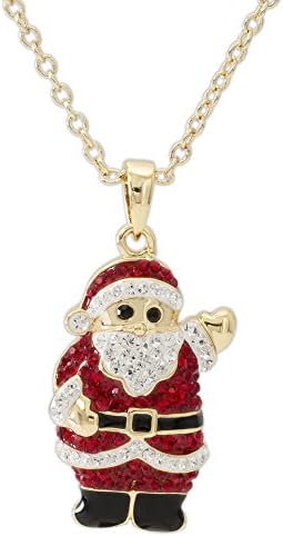 Women's Jewelry Plated Brass Crystal Christmas Santa Fashion Pendant Necklace, 18"