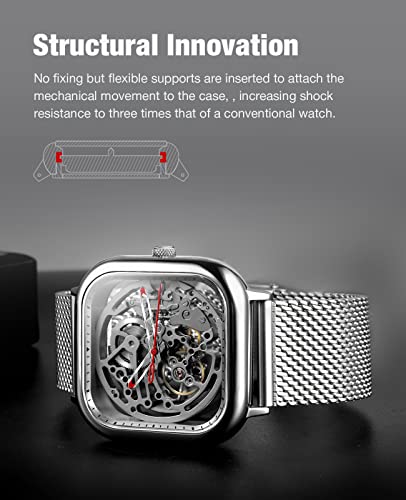 CIGA Design Automatic Mechanical Watch, Luxury Skeleton Square Business Dress Watch, Stainless Steel/Titanium Case with Silicone Strap, Gift for Men and Women