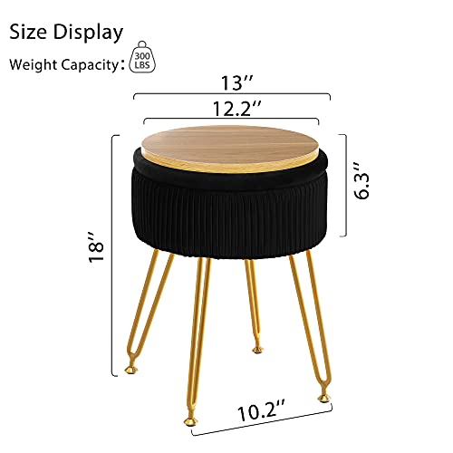 Velvet Storage Ottoman Foot Rest, Upholstered Pleated Round Footrest