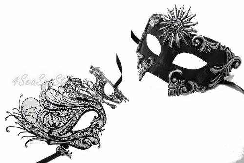 His & Hers Masquerade Couples Venetian Design Masks Sun God & Swan - 2 Piece Colored Set - Perfect Couple Mardi Gras Majestic Party Halloween Ball Prom by QJ