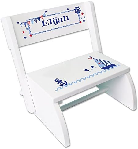 Personalized Boys Sailboat Childrens and Toddlers White Folding Stool
