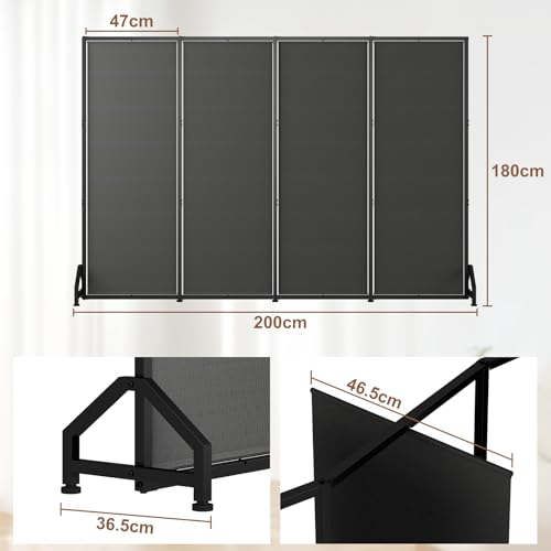 Uzelia Biombo Separador de Espacios, Biombo Divisor Portátil y Plegable de 4 Paneles, Pantalla giratoria de un Solo Panel, Separador de Ambientes 225 Ancho x 180 Alto cm de Habitación, Negro