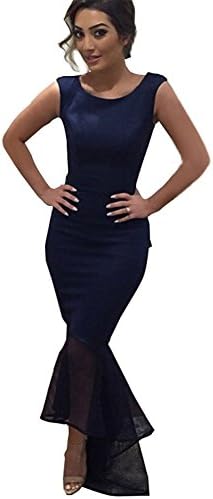 CAICAI Women's Slim Fit Round Collar Design Sexy Sleeveless Long Dovetail Dress (M, Blue)