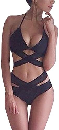 Hatoppy Sexy Women One Piece Bandage Bikini Hanging neck hollow Swimsuit Bathing Suit Swimwear (L, Black)